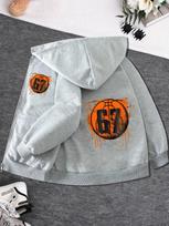 Childrens Zip Hooded Jacket Orange Drip Basketball Hoop Number 67 Graphic Long Sleeve Casual Basketball Lover Street Coat 160 gray
