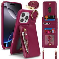 Applicable to iPhone16 mobile phone case 16Pro solid color zipper change bag insert card ring bracket oblique span protective case iPhone 16 Pro Max tamsiai raudona spalva
