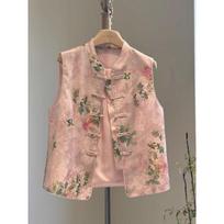 Women Floral Print Brocade Mandarin Collar Frog Button Sleeveless Vest M rožinė