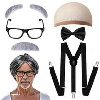 Accessory Set Old Man Wig Hat Glasses Suspenders Cosplay Props Grandpa Costume Set  Role‑Play Style   B black