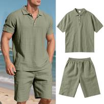 New Europe and The United States Men Short Sleeve Shorts Casual Beach Suit Summer Linen Solid Color Loose Lapel T-shirt Suit Men XXXL armijos žalia spalva