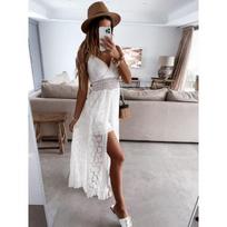Moteriška balta boho nėriniuota ilga suknelė vasarai, su plonais petnešėlėmis, V formos iškirpte, kutais, išpjovomis, aukštesniu priekiu ir žemesne galine dalimi, laisvalaikio, paplūdimio, atostogų, vakarėlio suknelė L gray