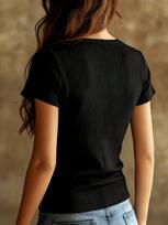 Women's Summer Pure and Alluring Mesh Patchwork V-Neck Ribbed Short-Sleeve Top, Slim Fit Elastic T-Shirt XXL juoda