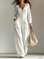 Autumn and winter new lazy style cotton and linen deep V-neck long-sleeved loose and thin casual wide-leg jumpsuit XL white