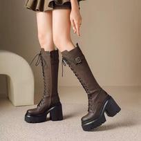 Knight Boots Women Autumn Winter Round Toe Side Zip Lace-Up Belt Buckle Skinny Platform Heels 35