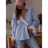 Women Elegant Casual Loose Long Sleeve Lace Patchwork Striped Shirt M gray