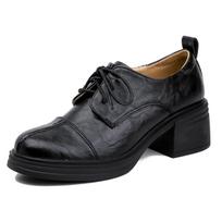 Retro high-heeled women's lace-up leather black small leather shoes heightened thick-heeled single shoes 38