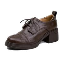 Retro high-heeled women's lace-up leather black small leather shoes heightened thick-heeled single shoes 39