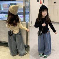 Girls' Korean Style Spring/Autumn Set: Casual Jeans, Wide-Leg Pants, and Tops 100 cm black