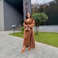 Women's Lazy Knit U-neck Sweater Dress with Long Shawl Coat - Autumn/Winter 2025 Collection M