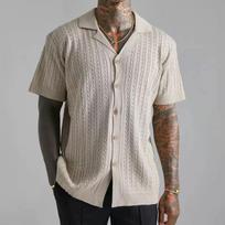 Summer Foreign Trade Men's Lazy Style Button-Up Solid Color Cardigan Loose Casual Turn-Down Collar Knitted Short Sleeve Shirt 3XL gray