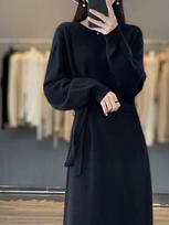 Autumn and winter new lace-up temperament thin knitted dress women's fashion medium and long inner sweater skirt One Size