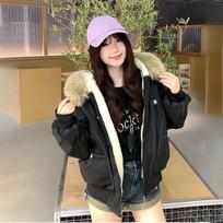Žieminė retro parka su kailiniu apykakliu ir kapišonu, aukštos gatvės trumpa žieminė striukė moterims, Y2K medvilnės pamušalu viršutinis drabužis XS juoda