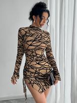 Autumn Winter Women Slim Fit Side Drawstring Small Stand Collar Long Sleeve Irregular Mini Dress Mature Style Retro Sexy Elegant Women Dress XXL ruda