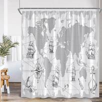Nautical Shower Curtain Adventure Map Marine Life Lighhouse Navy Blue Bath Decoration Kids Polyester Bathroom Curtain with Hook 90x180cm-35x70in gray