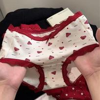 Ladies Spring and Summer Lace Cartoon Cute Festive Wedding Year Red Mid Waist Panties XXL white