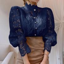 Stand Collar Lace Patchwork Hollow Out Flower Petal Sleeve Button Shirt for Women Casual Daily Top XXXL
