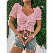 Women Sweet Simple Sweetheart Neck Cropped Lace Up Embroidered Short Sleeve Knit T Shirt XL rožinė