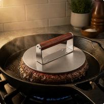 Burger Patty Press Stainless Steel Wooden Grip Handle Meat Maker Square Large Round brown