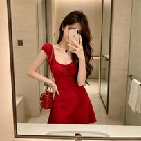 Pure desire vacation style red lace-up short-sleeved dress women's summer slim-fit Spice Girl A-shaped skirt waist beautiful short skirt XL