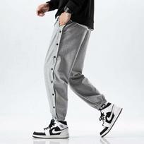 Men's Seasonal Fashion Sports Joggers - Full Button, Velvet Lined, Loose Fit, Casual Basketball Training Pants 2XL black