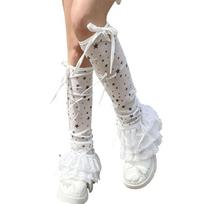 Womens Japanese Leg Sleeves with Layered Ruffle Lace Edging Stretch Fabric Star Patterned Leg Warmers for Cosplay Outfi gray