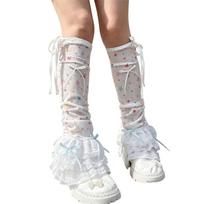 Womens Japanese Leg Sleeves with Layered Ruffle Lace Edging Stretch Fabric Star Patterned Leg Warmers for Cosplay Outfi white