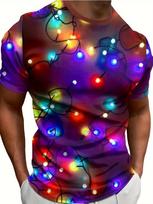 Men's Christmas Lights Printed T-Shirt - Full-Body Twinkling Lights Design in Red, Green, Blue, Purple, Orange & Yellow - Lightweight Polyester Round L blue