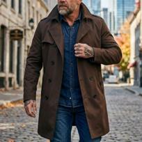 New Double Breasted Mid-length Men's Thin Windbreaker Jacket, Casual Open Front Outerwear for Spring Autumn, European American Style XXL tamsiai ruda spalva
