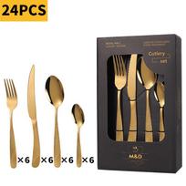 24 dalių nerūdijančio plieno stalo įrankių rinkinys su paauksuotais šaukštais, šakutėmis, peiliais, vakarienės dovanų dėžutė Gold Open Window Box - 24PCS black
