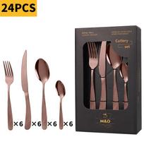 24 dalių nerūdijančio plieno stalo įrankių rinkinys su paauksuotais šaukštais, šakutėmis, peiliais, vakarienės dovanų dėžutė Rose Gold Open Window Box - 24PCS