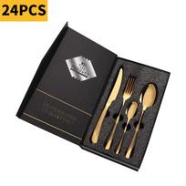 24 dalių nerūdijančio plieno stalo įrankių rinkinys su paauksuotais šaukštais, šakutėmis, peiliais, vakarienės dovanų dėžutė Gold Pearl Cotton Box - 24PCS