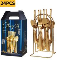 24 dalių nerūdijančio plieno stalo įrankių rinkinys su paauksuotais šaukštais, šakutėmis, peiliais, vakarienės dovanų dėžutė Gold Iron Frame Box - 24PCS
