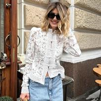 Ladies Vintage Lace Blouse Shirts Women Summer Hollow Out Casual Sand Collar Elegant Embroidery Puff Sleeve Sexy Top Shirts L white