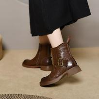Medium boots women's Martin boots autumn and winter new double-breasted round head flat bottom women's boots thick heel women's leather boots 40 brown