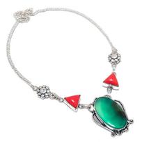 Natural Green Onyx, Coral Gemstone 925 Sterling Silver Jewelry Necklace 18  b2Y50 white
