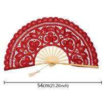 Lace Folding Fan with Tassel Hollow Ribs Elegant Vintage Style Trim Handheld Fan with TasselPendant for Wedding Party Home Decor Style 2 red red