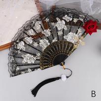 Rose Lace Hand Fan Cloth Folding Fans With Tassels Retro Dance Folding Hand Fan Wedding Party Decor Cos Photography Prop black