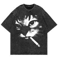 100% Cotton Vintage Washed Y2k Funny Smoking Cat T Shirt Fashion Men/Women Cool Cat Joke Oversize Loose Acid Wash Tees Shirts M įvairiaspalvis