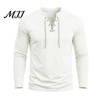Lightweight Breathable Knitwear Men Lace Up Neck Shirt, V-Neck Long Sleeve Pullover Retro Elastic Cotton Blend Tees Casual Base Layer Shirt for Daily M white
