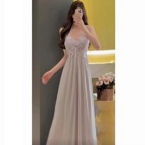 French lace suspender nightgown, deep V backless long one-piece nightgown with chest pad, pure lust and thin loungewear (as the picture,M) gray
