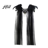Dark Angel Feather Wrap Gothic Mask & Lace Cape Set, Halloween Devil Horn Black with Rhinestones Masquerade Cosplay Prop, Vampire Queen Costume black