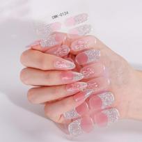 16Tips Glitter Flowers Gel Nail Strips Full Cover Aurora Cherry Blossoms Baking-Free Gel Nail Sticker DIY Manicure Decoration