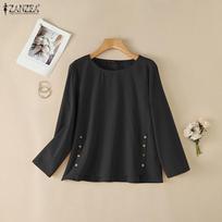 ZANZEA Womens Casual O-Neck Long Sleeve Side Button Loose Fit Vintage Cotton Blouse 4XL