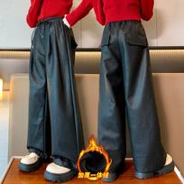 Girls Winter Fleece Lined Pu Leather Pants Big Kids Thick Windproof Trousers 160cm juoda