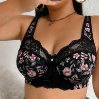 Plus Size Wireless Un‑Padded Bra Breathable Lace Print Side Support Brassiere 105E brown