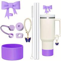 9pcs Accessories for Stanley 40oz Tumbler Cup Spill Proof Stopper 10mm Straw Cover Cap Silicone Boot Charm Chain Straw and Brush Cup Holders 5 violetinė