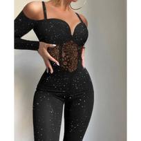 Women's Spaghetti Strap Long Sleeve Lace Hollow Out Slim Fit Long Jumpsuit XL gray