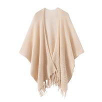 Women's Qipao-Style Cardigan Set: Cashmere Sweater, Lace Cape, Shawl, and Small Skirt - Perfect for Travel Photography. One Size beige