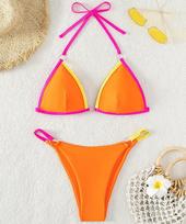 Moteriškas maudymosi kostiumėlis, spalvotas blokas, kaklaraištis, seksualus kaklaraištis su aukštu juosmeniu, bikini paplūdimio drabužiai, maudymosi kostiumėliai S oranžinė